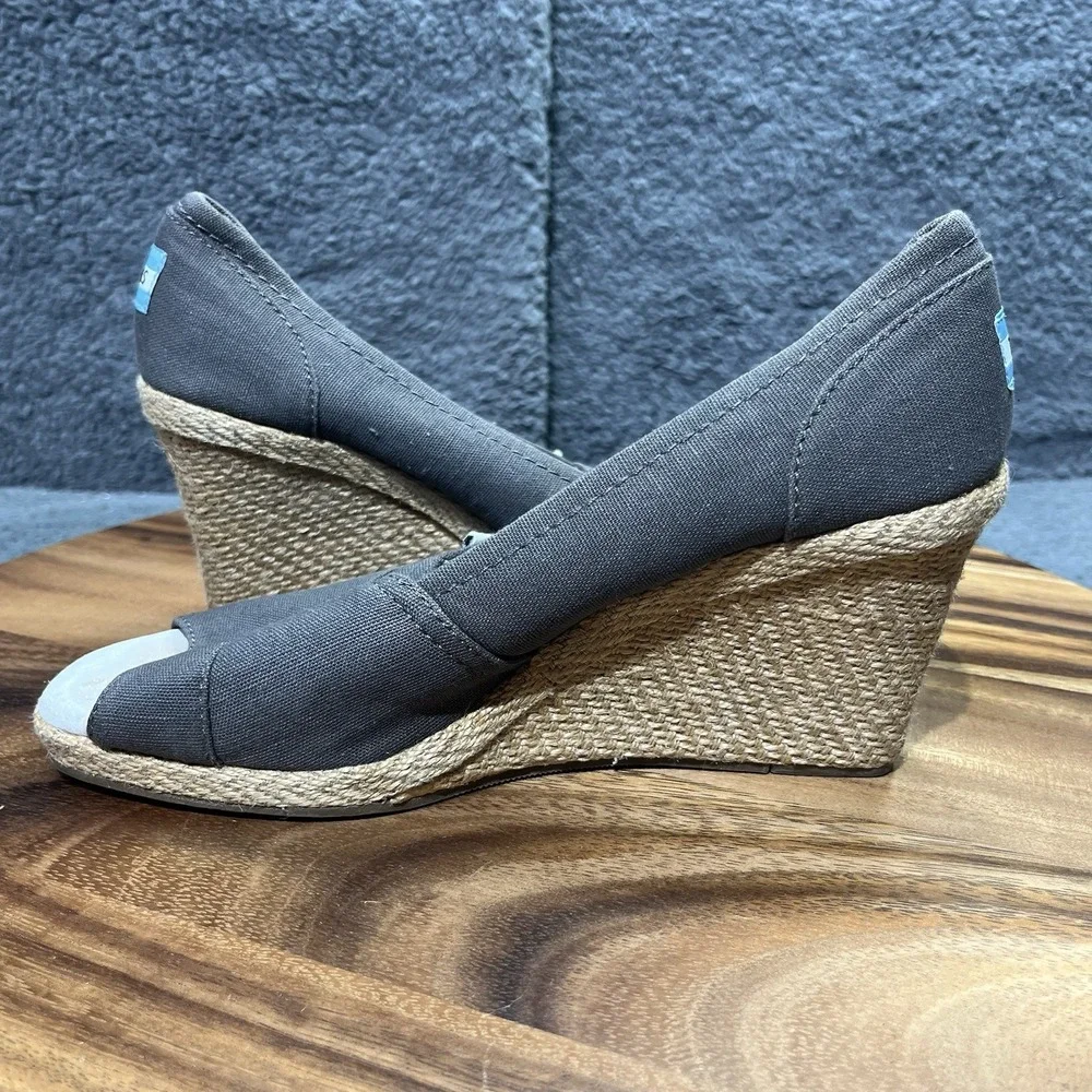 Toms Calypso Espadrille Platform Wedge Brown Canvas Peep Toe‎ Shoes Pumps Size 9